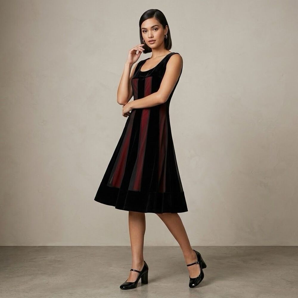 Connected Apparel Velvet Dress 8 Goth Black Burgundy Sheer Mesh Panel Striped